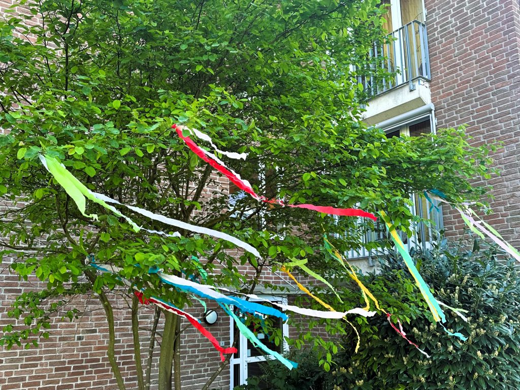 Ein junger Baum ist mit bunten Papierbändern geschmückt, die im Wind flattern. Im Hintergrund ist ein Backsteingebäude mit Fenstern und französischen Balkonen zu sehen.