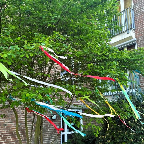 Ein junger Baum ist mit bunten Papierbändern geschmückt, die im Wind flattern. Im Hintergrund ist ein Backsteingebäude mit Fenstern und französischen Balkonen zu sehen.